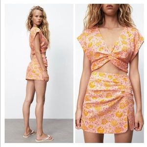 Zara Linen Blend Floral Crop Top And Mini Skirt Set |